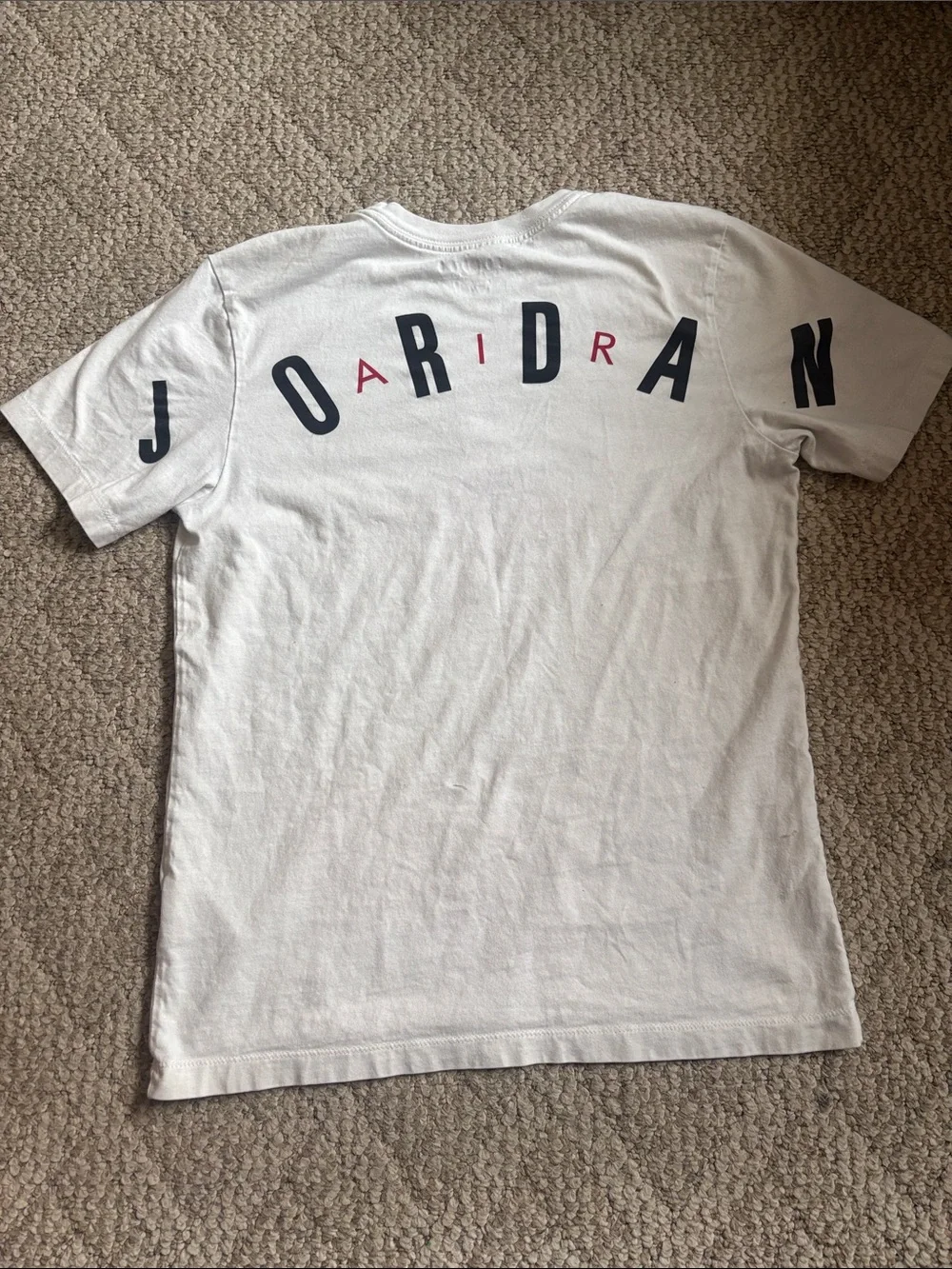 Jordan White Short Sleeve Tee with Red Jumpman and Black Lettering